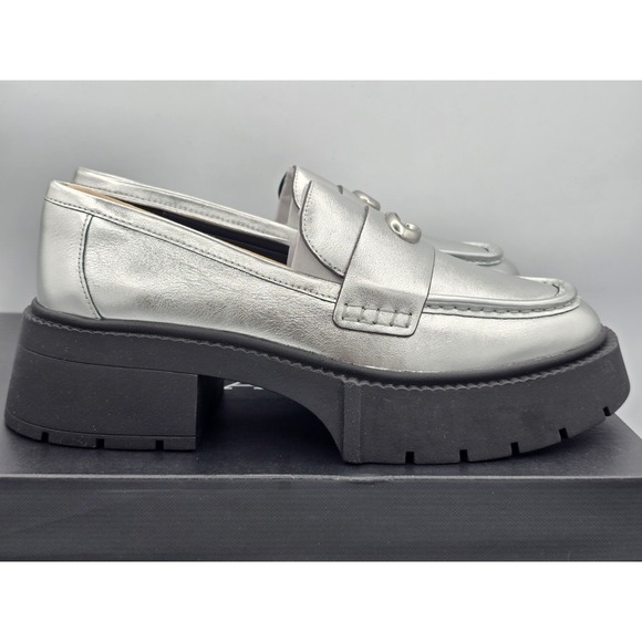 Coach Leah Metallic Leather Silver Loafers Chunky Heel SIZE 8.5 B NEW MSRP $195